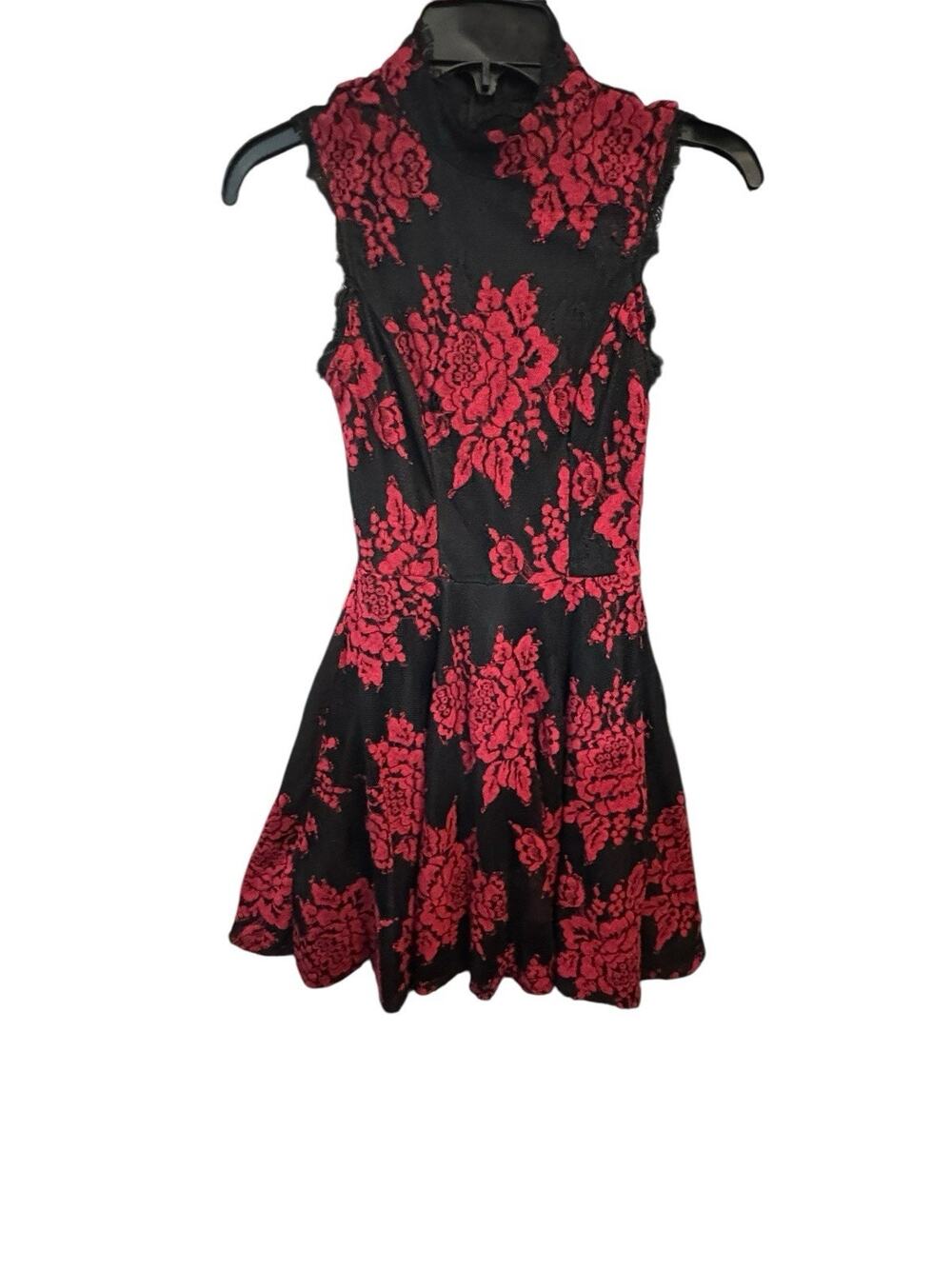 City Studio Lace Overlay Floral Black Red A Line Dress Size 0